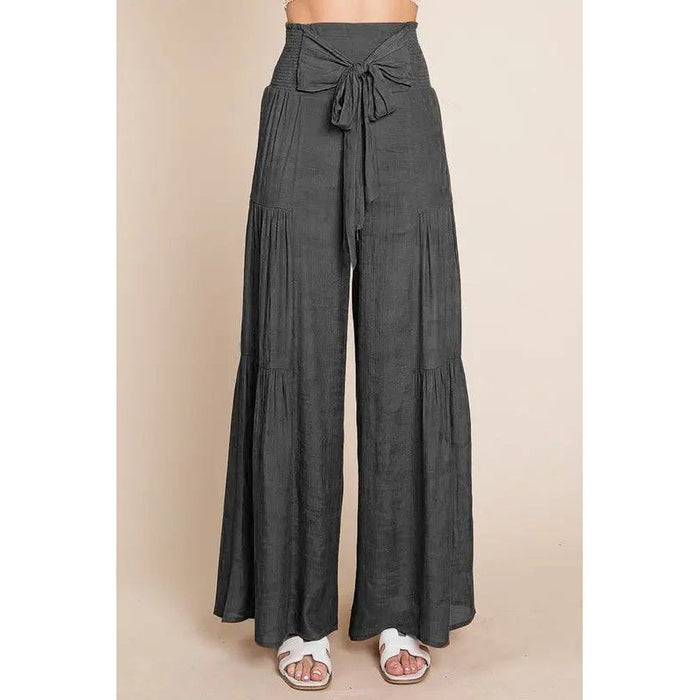 Tie front ruched waist back pants