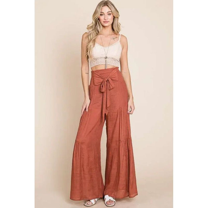 Tie front ruched waist back pants