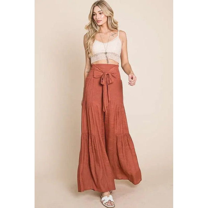 Tie front ruched waist back pants