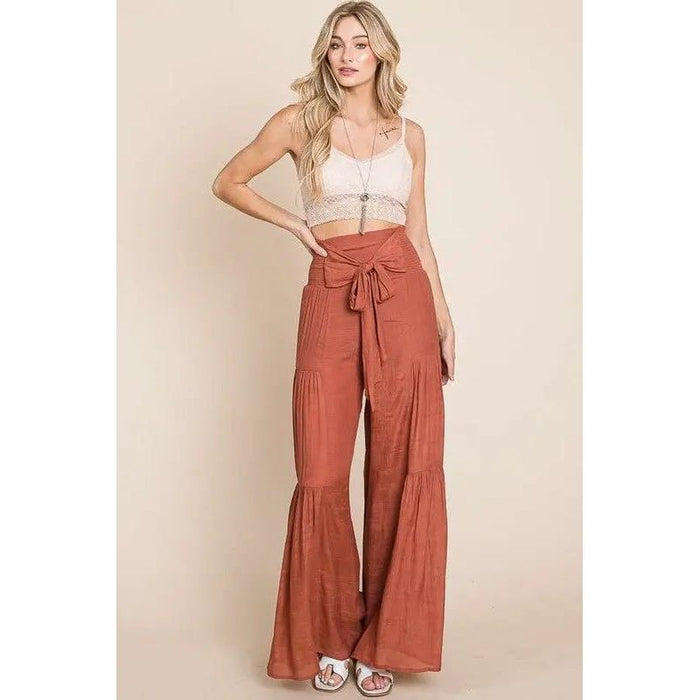 Tie front ruched waist back pants