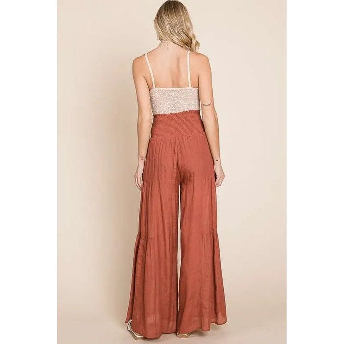 Tie front ruched waist back pants