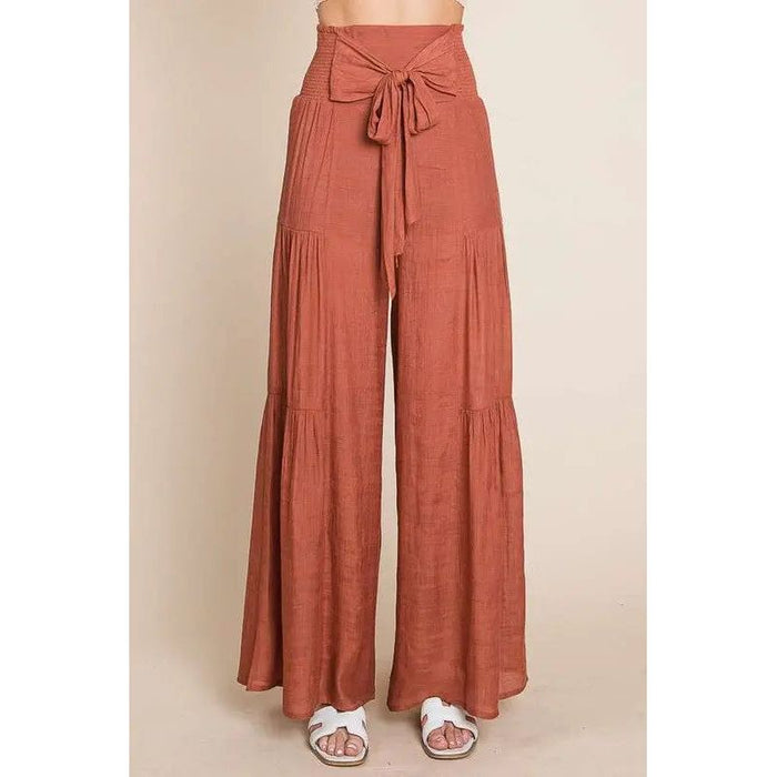 Tie front ruched waist back pants