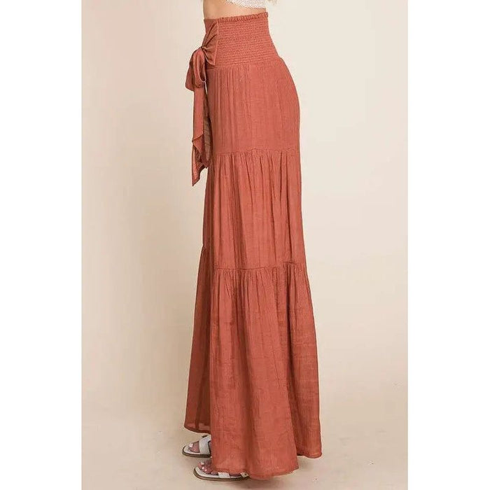 Tie front ruched waist back pants