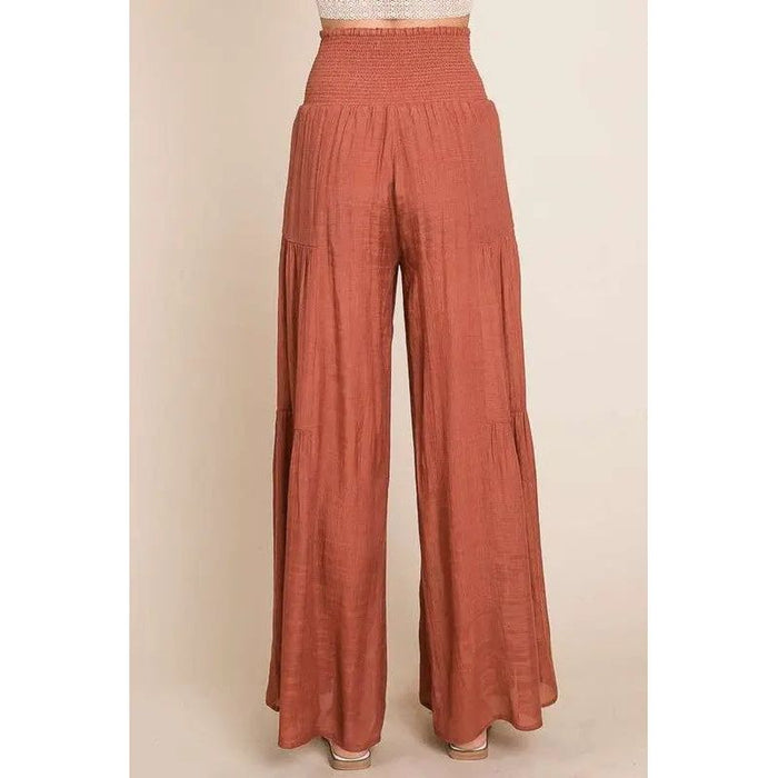 Tie front ruched waist back pants