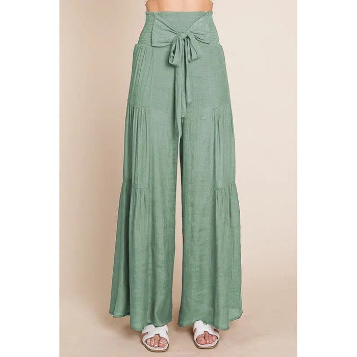 Tie front ruched waist back pants