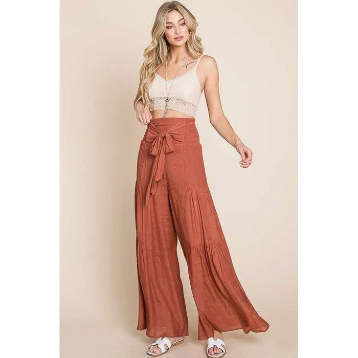 Tie front ruched waist back pants