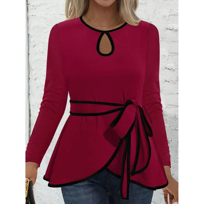 Tied Round Neck Long Sleeve T-Shirt