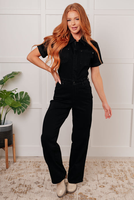 Short Sleeve Control Top Denim Jumpsuit