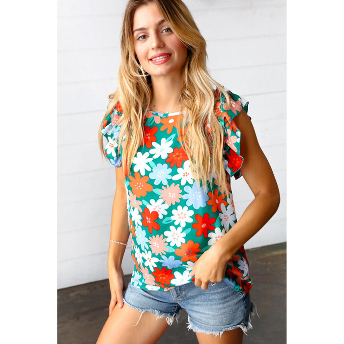 Follow Me Emerald Floral Print Double Ruffle Sleeve Top