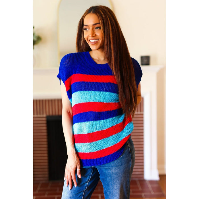 Forget Me Not Royal Blue Stripe Short Sleeve Dolman Sweater