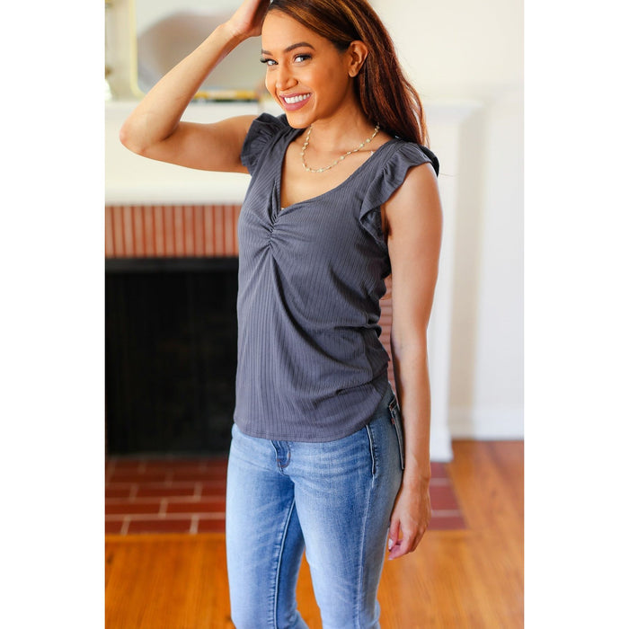 Sunny Days Charcoal Sweetheart Neckline Ribbed Top