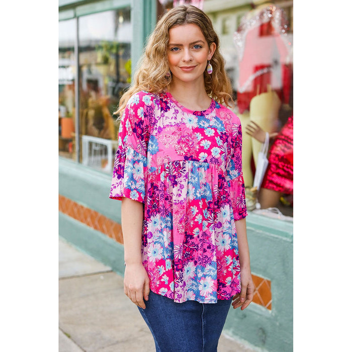 Pink & Blue Floral Print Babydoll Bell Sleeve Top