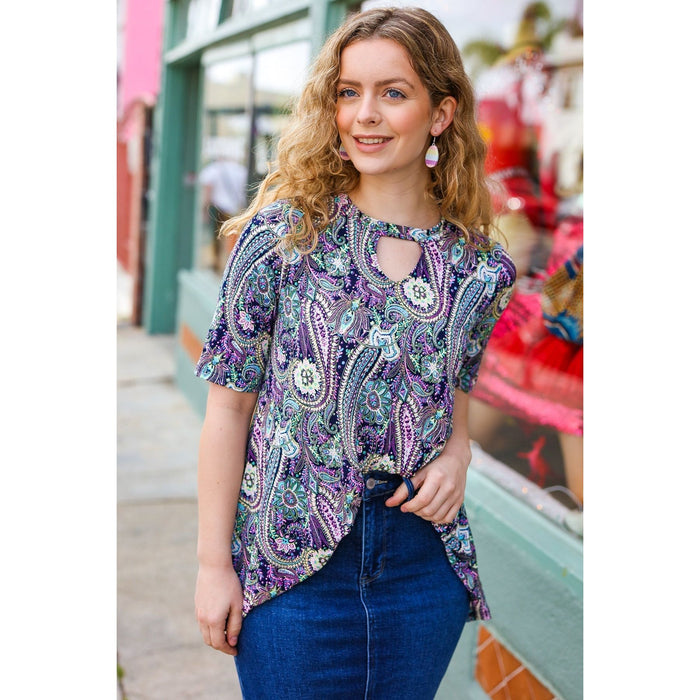 Navy Floral Paisley Front Keyhole Tunic Top