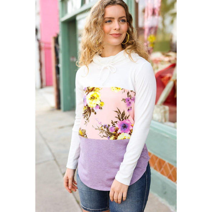 Lavender Floral Cowl Neck Color Block Terry Top