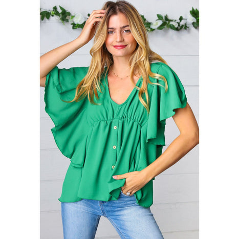 Sea Green Button Ruffle Woven Top