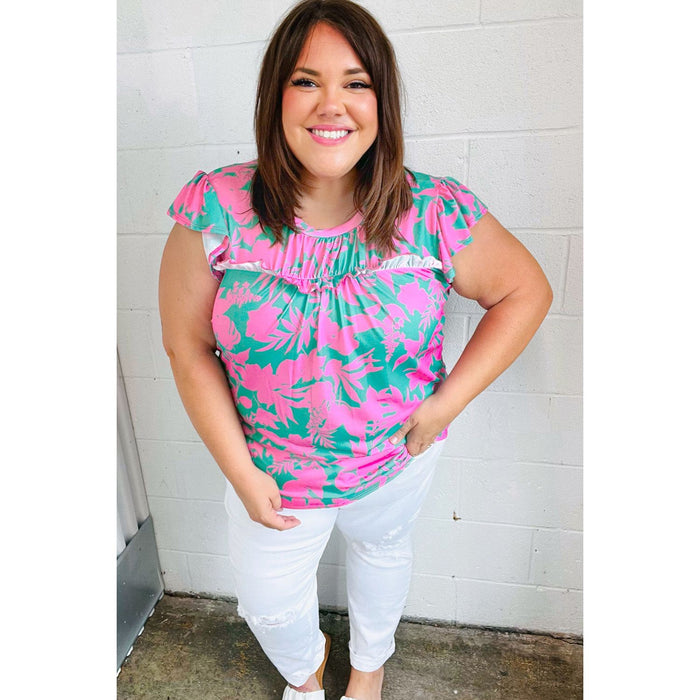 Pink & Green Floral Print Frilled Short Sleeve Yoke Top