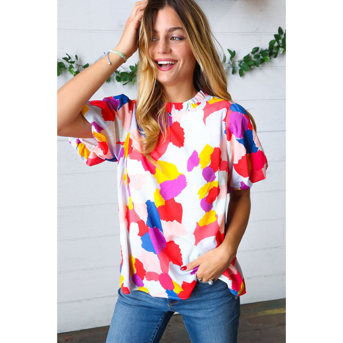 Multicolor Print Frilled Mock Neck Puff Sleeve Top