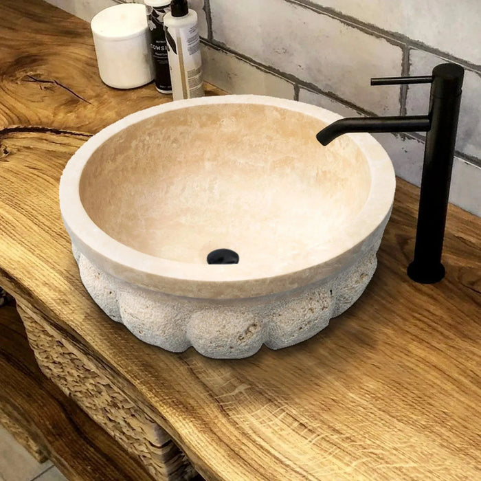 Troia Light Travertine Natural Stone Pumpkin Shape Above Vanity Bathroom Vessel Sink