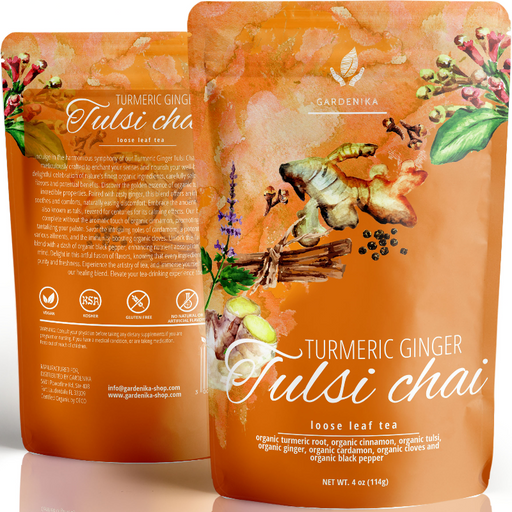Gardenika Shop Turmeric Ginger Tulsi Chai Loose Tea, Ayurvedic Anti-Inflammatory Blend - /w Turmeric & Ginger - Herbal & Caffeine Free - Organic & Kosher Loose Leaf Tea