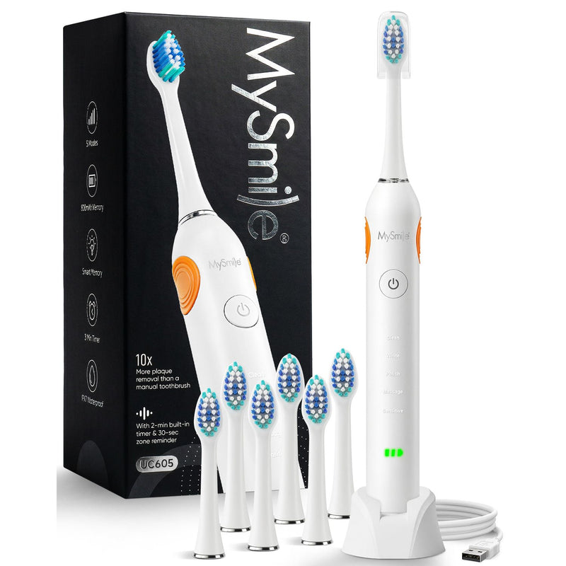 MySmile UC605 Elite Sonic Electric Toothbrush with 6 Brush Heads Electric Toothbrush White Smoke White