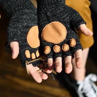 "The Buddha" Black Melange Fingerless Glove with Paw Palm