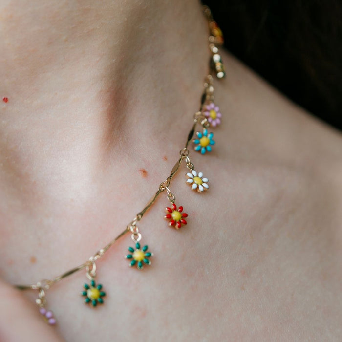 Colourful Rainbow Flower  Indie Boho Daisy Charms Dangle Choker Summer Necklace