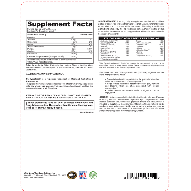casa de sante Elemental Whey WPI Protein Powder + Digestive Enzymes (Vanilla) | Low FODMAP & GLP-1 Gut-Gentle Muscle Support Digestive Support Supplements