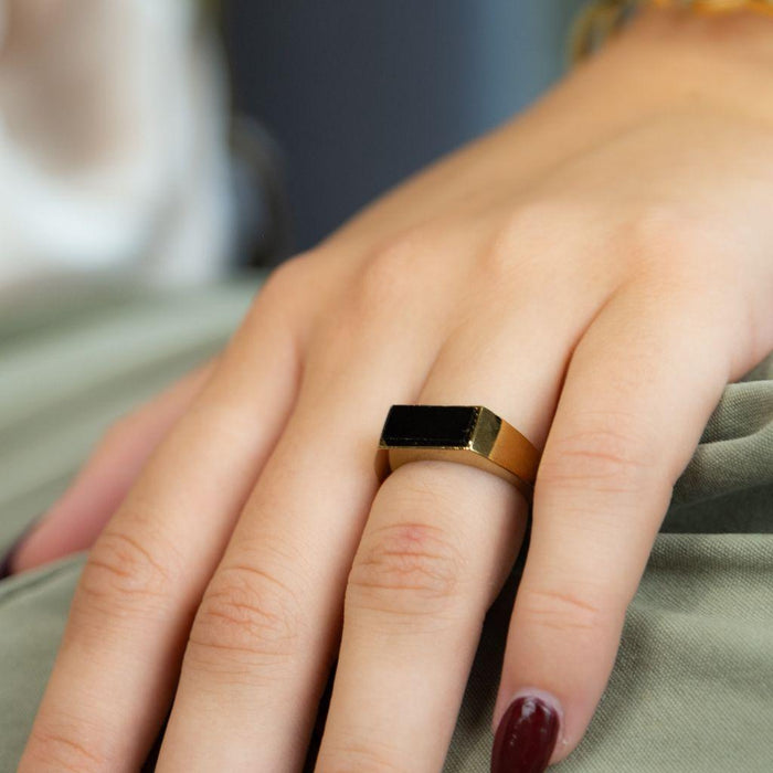 Flat Top Rectangle Thin Black Signet Solid Brass 18ct Gold Ring