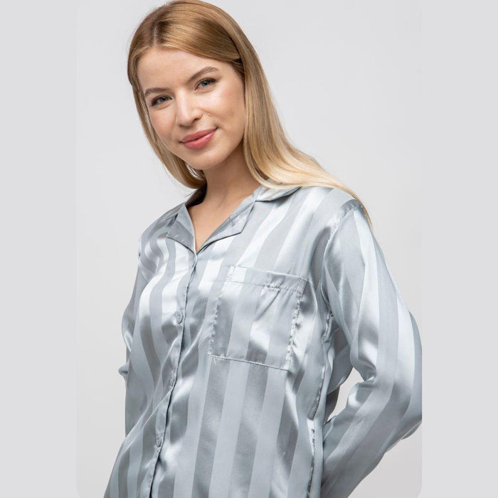 Green Stripe Soft Satin Long Sleeve Night Suit Women's Silk Sleepwear Pyjama Set