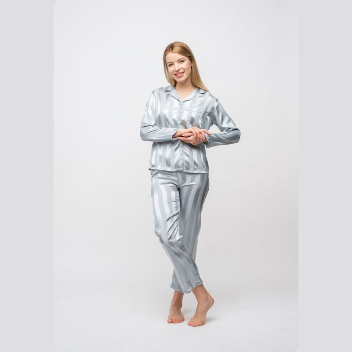 Green Stripe Soft Satin Long Sleeve Night Suit Women's Silk Sleepwear Pyjama Set