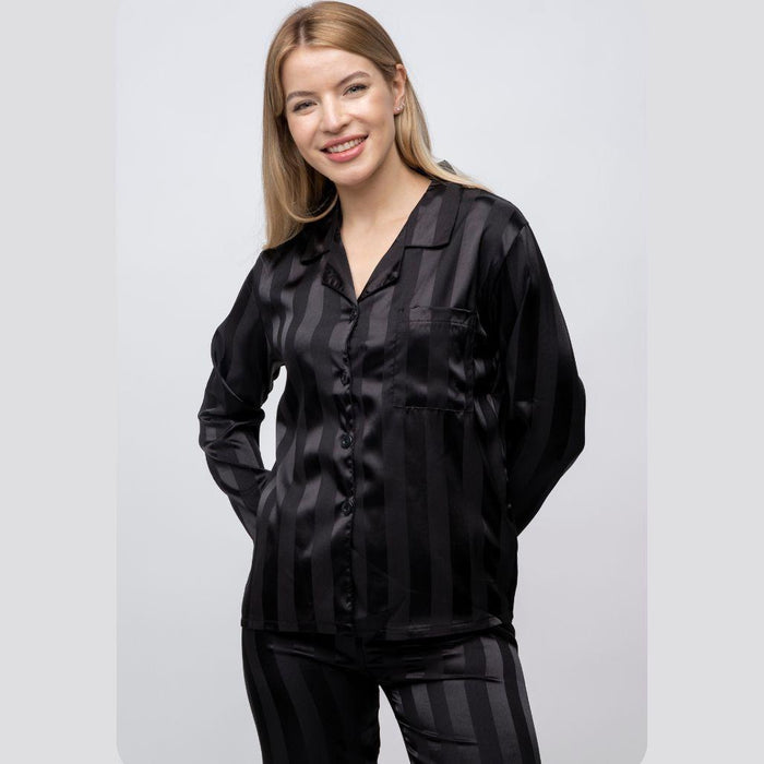 Green Stripe Soft Satin Long Sleeve Night Suit Women's Silk Sleepwear Pyjama Set