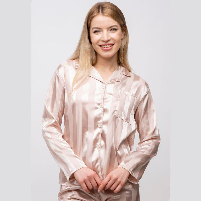 Green Stripe Soft Satin Long Sleeve Night Suit Women's Silk Sleepwear Pyjama Set