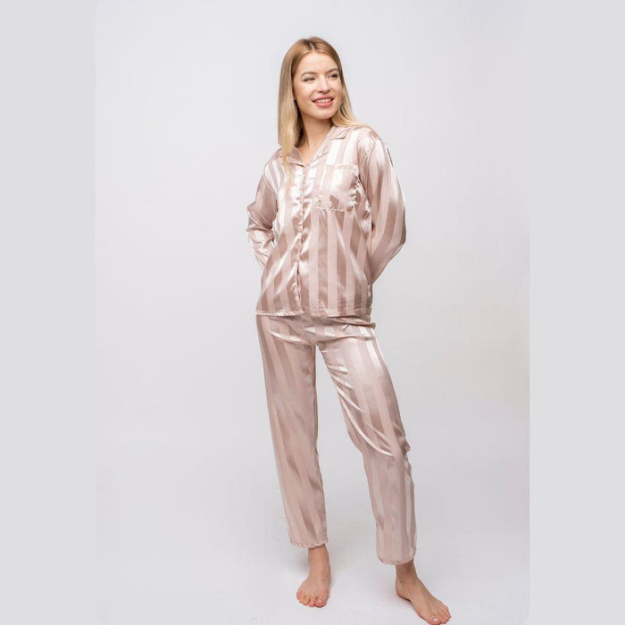 Green Stripe Soft Satin Long Sleeve Night Suit Women's Silk Sleepwear Pyjama Set