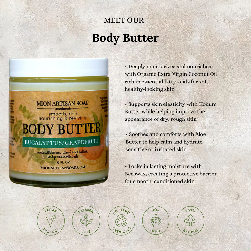 MION Artisan Soap Co. Body Butter | High in Essential Vitamins and Fatty Acids Light Gray Cinnamon & Orange,Lavender,Eucalyptus & Grapefruit,Citrus Blossom,Rose Blossom