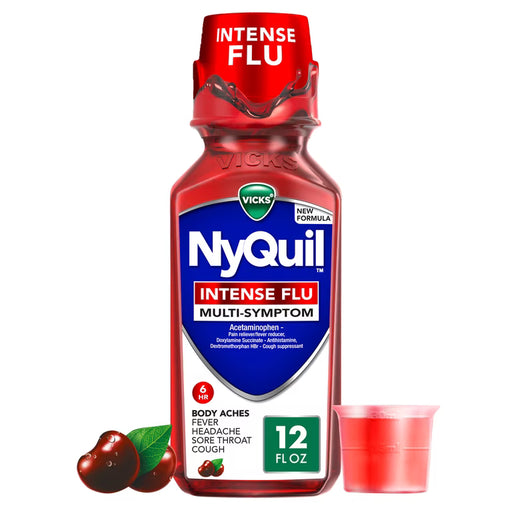 Vicks Vicks NyQuil Intense Flu Liquid, Nighttime Flu Medicine for Adults, Cherry, 12 fl oz Medicine & Drugs White Smoke