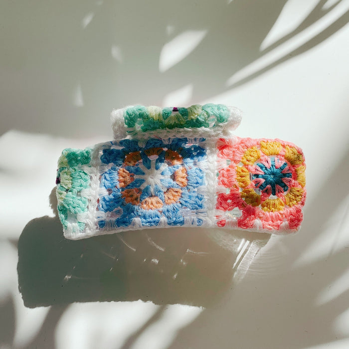 The Bullish Store - Velvet Claws Granny Square Crochet Covered Hair Claw | Claw Clip In Velvet Travel Bag