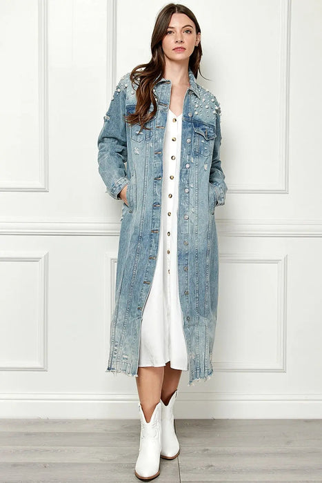 Veveret  Distressed Raw Hem Pearl Detail Button Up Jacket