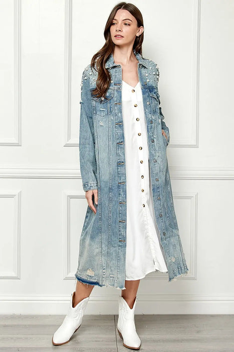 Veveret  Distressed Raw Hem Pearl Detail Button Up Jacket