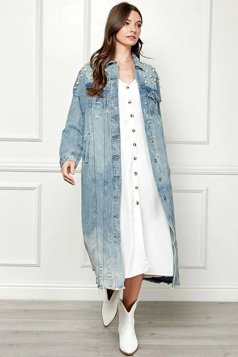 Veveret  Distressed Raw Hem Pearl Detail Button Up Jacket