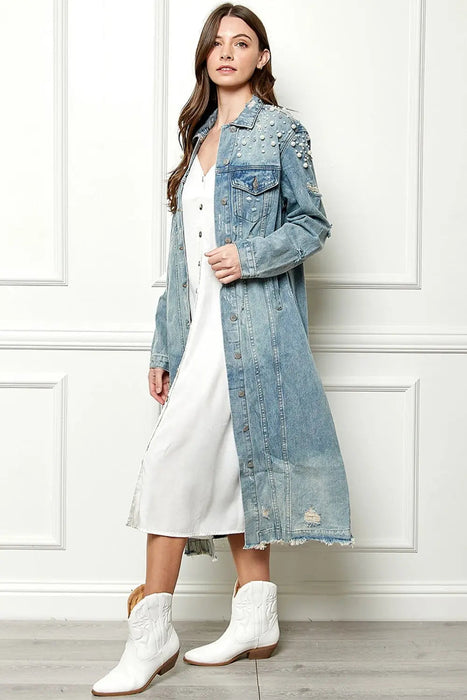 Veveret  Distressed Raw Hem Pearl Detail Button Up Jacket