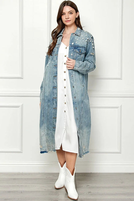 Veveret  Distressed Raw Hem Pearl Detail Button Up Jacket