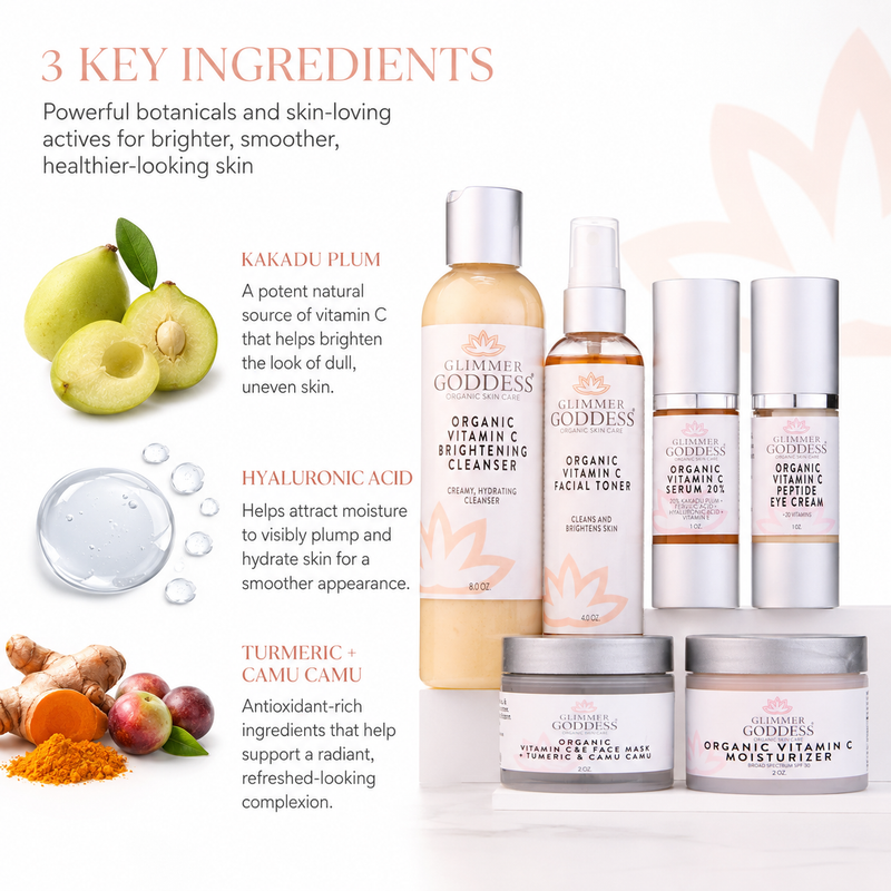 Glimmer Goddess® Organic Skin Care Vitamin C 6-Step Anti-Aging System – Complete Brightening Routine with SPF 30 Gift Packs & Value Sets White Smoke 6 Pc System