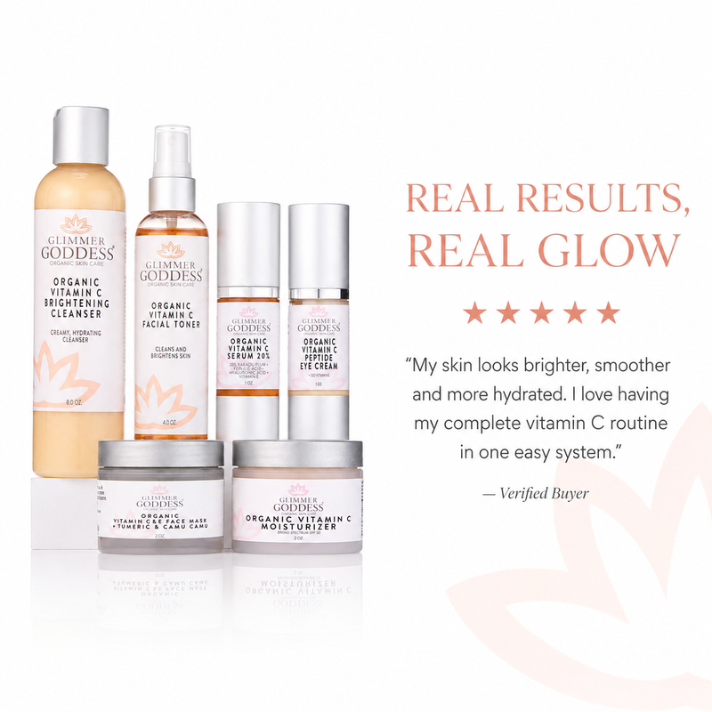 Glimmer Goddess® Organic Skin Care Vitamin C 6-Step Anti-Aging System – Complete Brightening Routine with SPF 30 Gift Packs & Value Sets White Smoke 6 Pc System