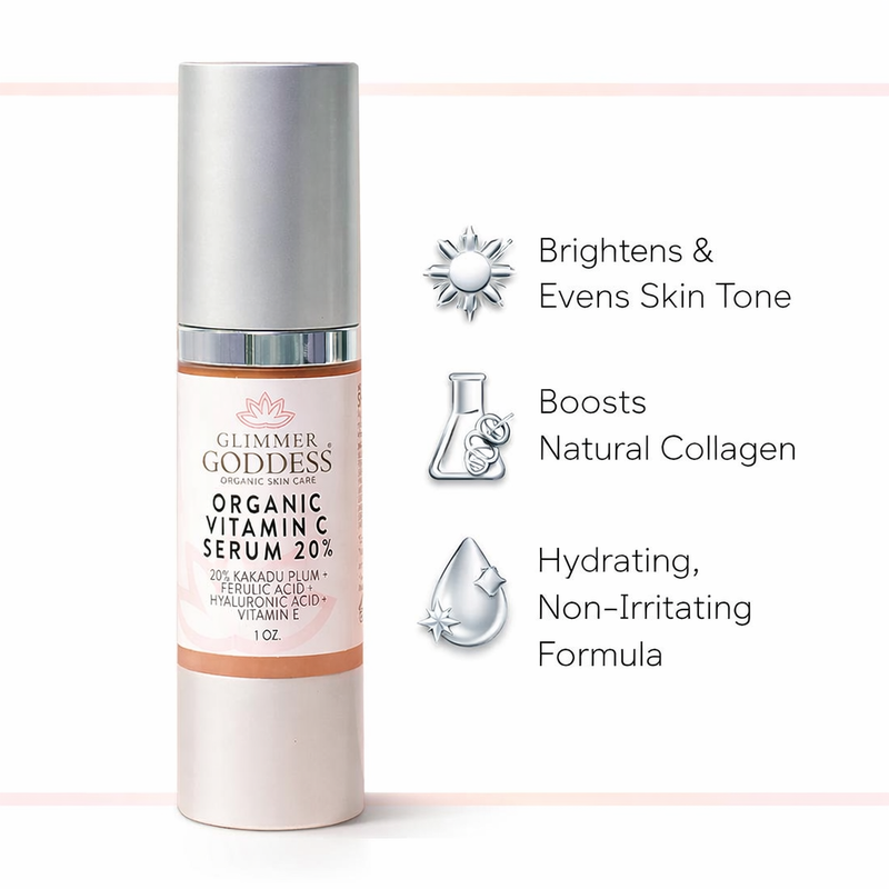 Glimmer Goddess® Organic Skin Care Organic Vitamin C Serum 20% – Brightening Treatment with Hyaluronic & Ferulic Acid Serums