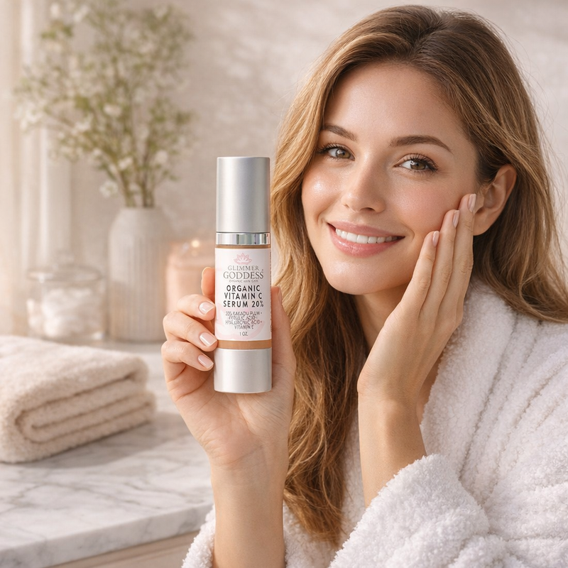 Glimmer Goddess® Organic Skin Care Organic Vitamin C Serum 20% – Brightening Treatment with Hyaluronic & Ferulic Acid Serums