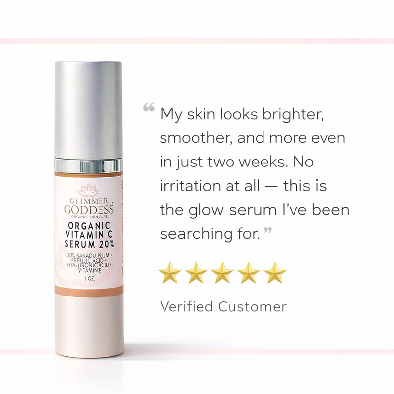 Glimmer Goddess® Organic Skin Care Organic Vitamin C Serum 20% – Brightening Treatment with Hyaluronic & Ferulic Acid Serums