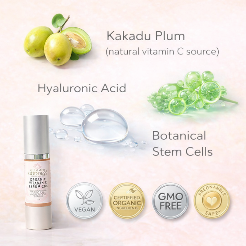 Glimmer Goddess® Organic Skin Care Organic Vitamin C Serum 20% – Brightening Treatment with Hyaluronic & Ferulic Acid Serums