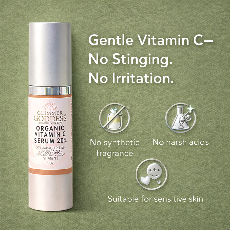 Glimmer Goddess® Organic Skin Care Organic Vitamin C Serum 20% – Brightening Treatment with Hyaluronic & Ferulic Acid Serums