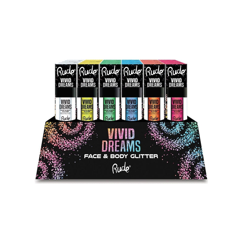 Rude Cosmetics Vivid Dreams Face and Body Glitter Display Set, 48pcs Wholesale Set