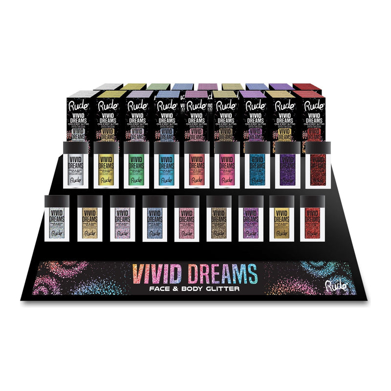 Rude Cosmetics Vivid Dreams Face and Body Glitter Display Set, 108pcs Wholesale Set